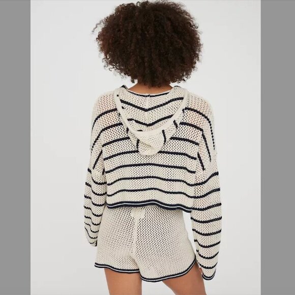 Women's S OFFLINE By Aerie Crochet Sweater Navy White Stripe Cropped Hoodie - Picture 2 of 7